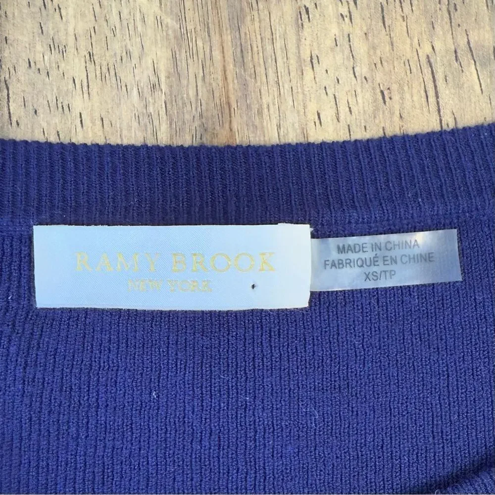 Ramy Brook Diane Sweater Laser-Cut Bell Sleeve Boatneck Navy Size Women's XS - Picture 3 of 9